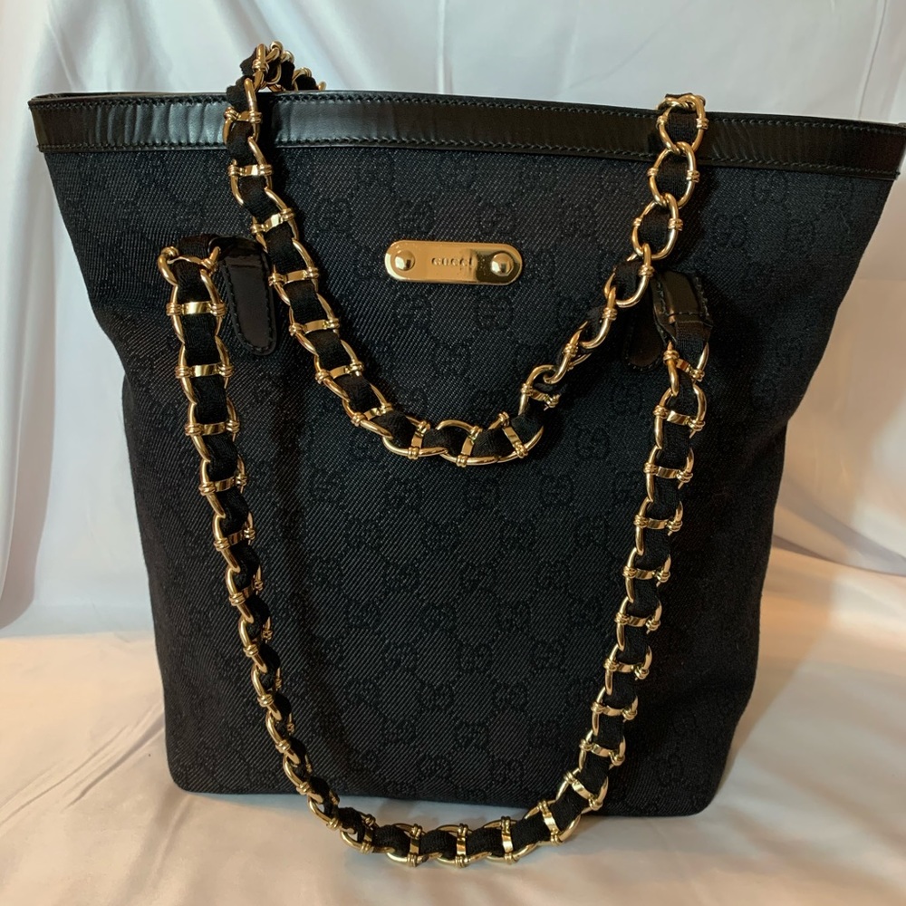 Gucci black denim leather tote purse
